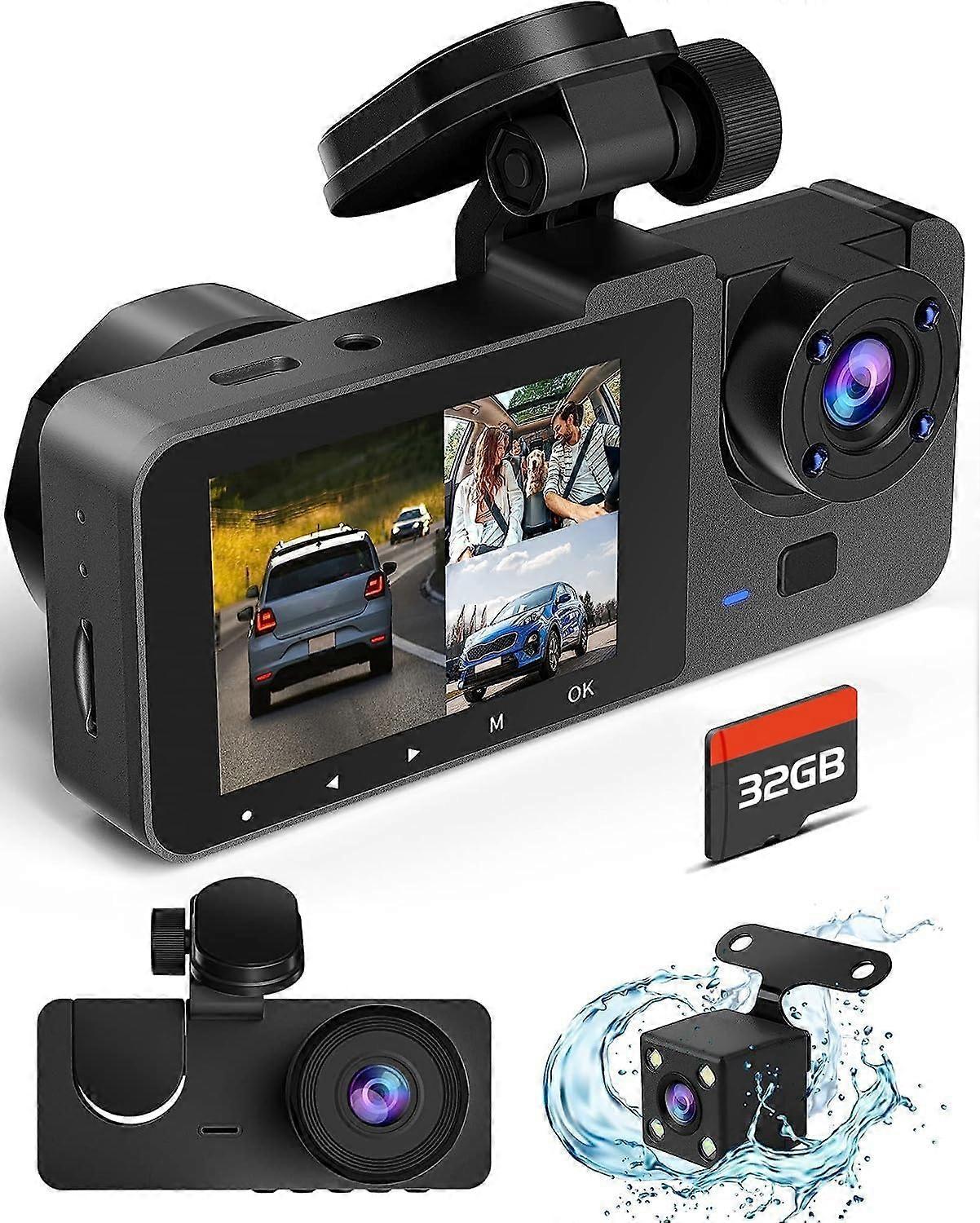 4K Triple Channel Dash Cam with Night Vision, 32GB Card, Loop Recording and GSensor for Cars