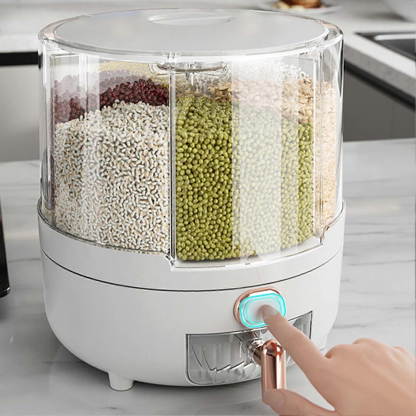 Large 360° Rotating Cereal Dispenser with 6 Airtight Compartments, Transparent Grain Storage Container for Kitchen