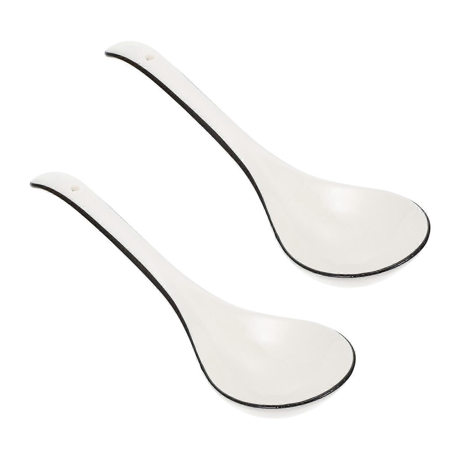 Long Handle Ceramic Soup Spoon for Home Use 2Pcs White Dining Flatware