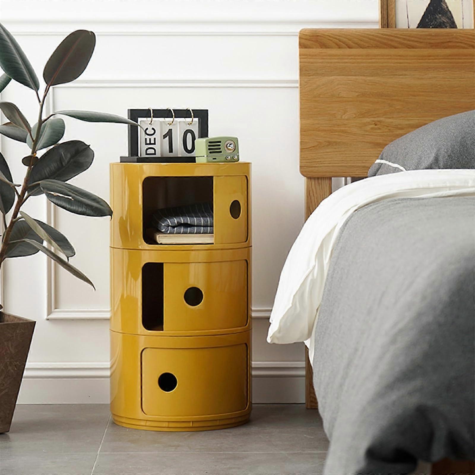 Round Bedside Table 3Tier Modern Nightstand with Removable Sliding Door and MultiTier Storage Yellow