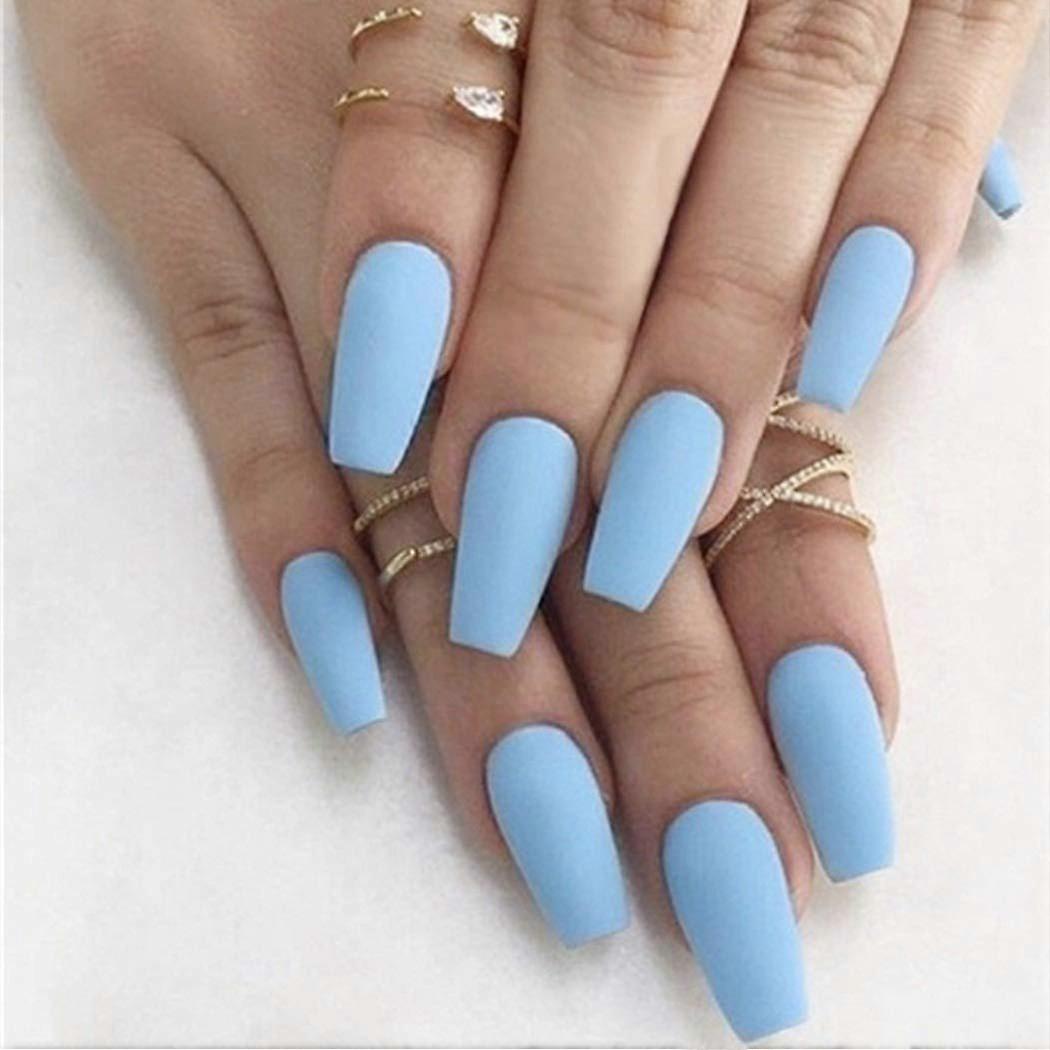 Matte Coffin Press On Nails Blue Acrylic False Nails Set with ReadyToUse Adhesive 24Pcs
