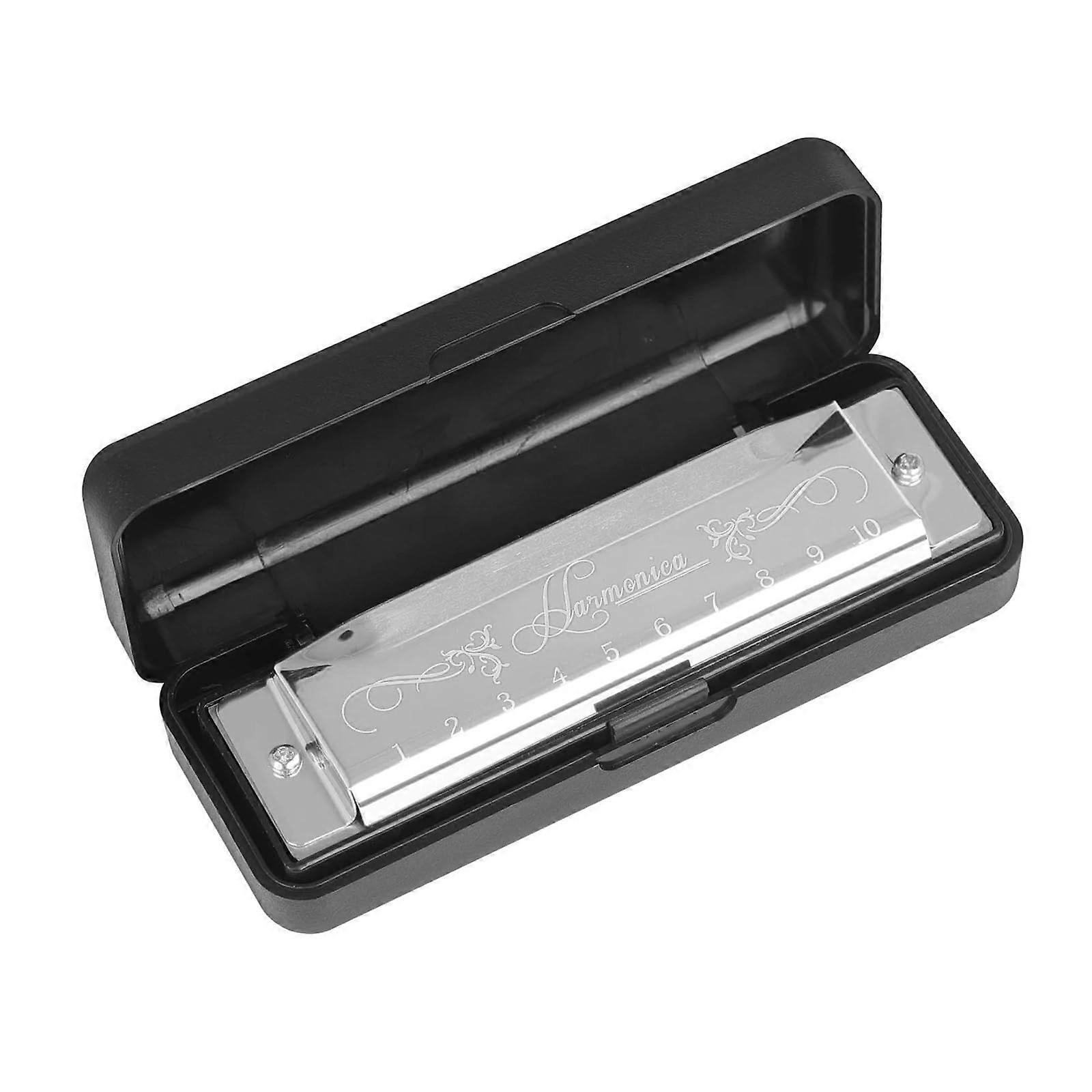 Professional 10 Hole 20 Tone Harmonica in C Key with Case Silver for Adults Beginners