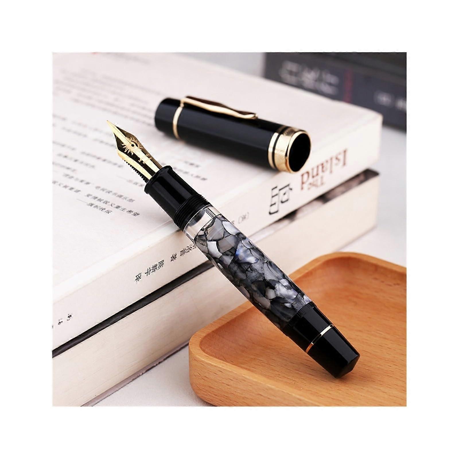 Fountain Pen Brass Piston System Gray Acrylic No.8 Fine Medium Nib Smooth Ink Flow Gift