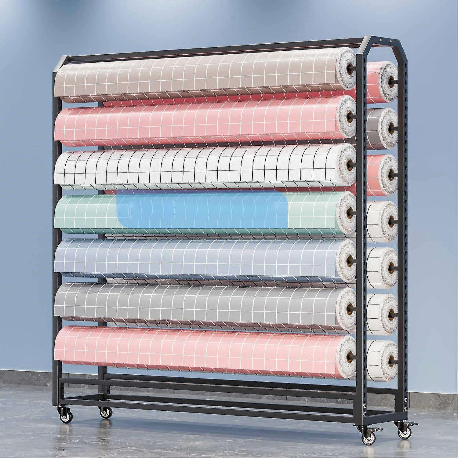 Fabric Roll Storage Rack with 14 Rods, Adjustable Spacing, Lockable Wheels, Heavy Duty DoubleSided Organizer