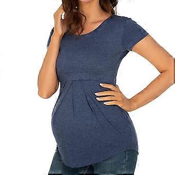 Zwangerschapsshirts met korte mouwen voor dames, ronde hals, gerimpelde tuniek, zomerse modieuze zwangerschapskleding voor op het werk, blauw M