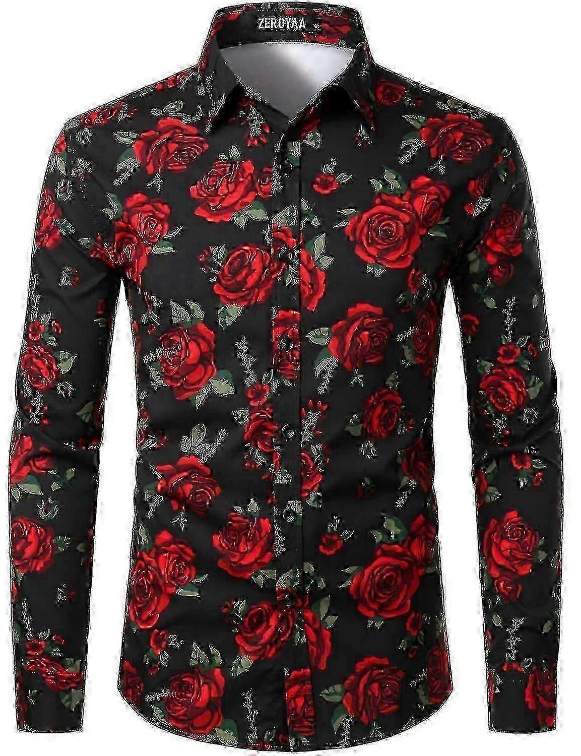Mænds Rose Flower Trykt Slim Fit Button-Down Skjorte