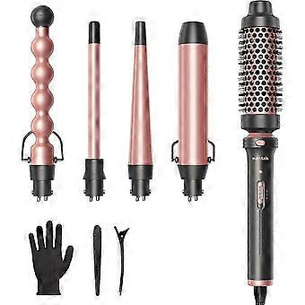 5 in 1 Multi-Use Curling Wand Set with Curling Brush and 4 Interchangeable Ceramic Curling Wands (13-32mm), Instant Heating Curler (Rose Gold)