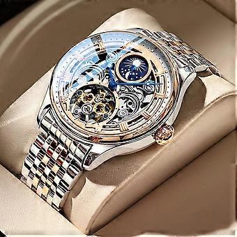 Orologio da polso meccanico meccanico automatico da uomo di lusso Tourbillon Skeleton Dial Moon Phrase Orologio da polso impermeabile