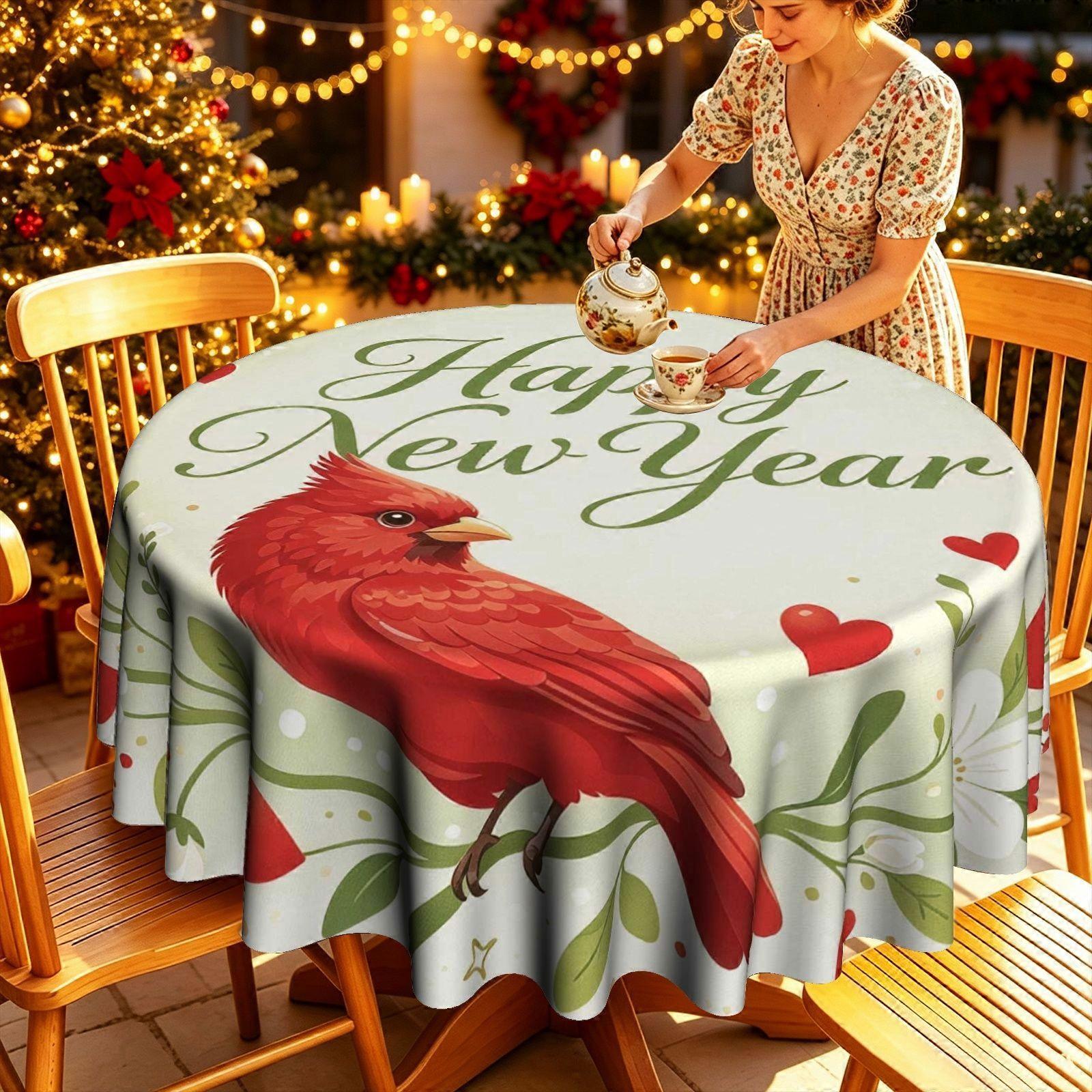 Happy New Year Red Cardinal & Botanical Script Polyester Tablecloth
