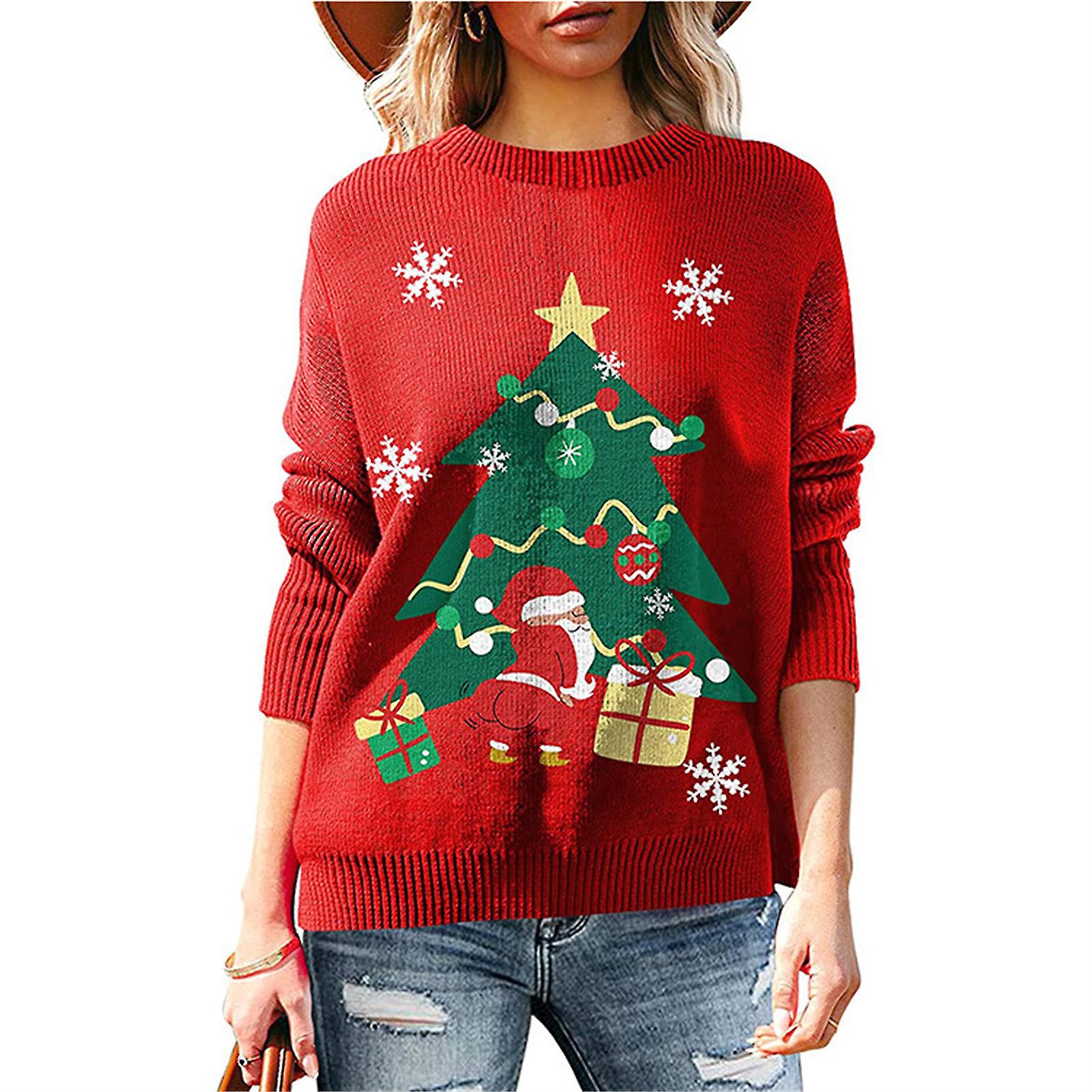 Frauen Weihnachtspullover Warmer Weihnachtsbaum Hirschmuster Pullover Strickpullover