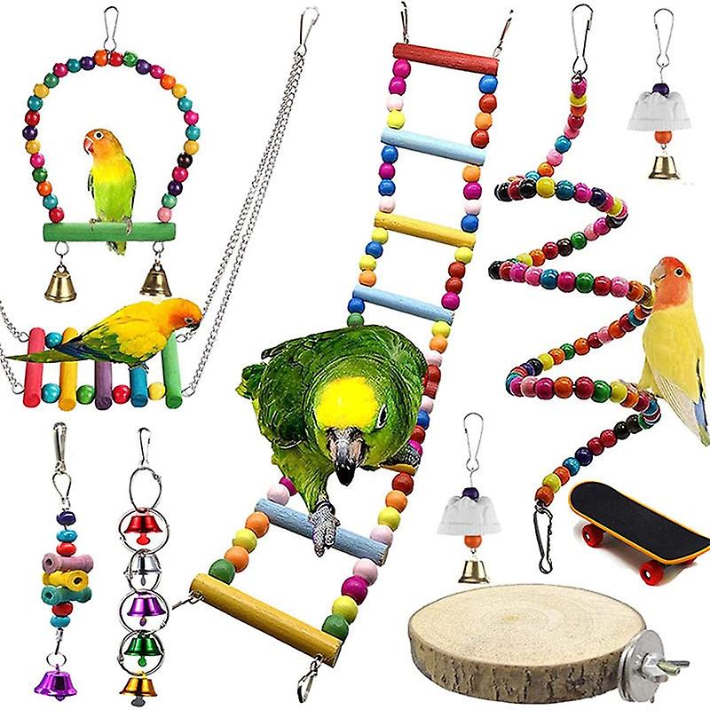 Safe Non Toxic Bird Toys 10 pcs Parrot Skateboard Suspension Bridge Swing Bell String Grinding Jumpi