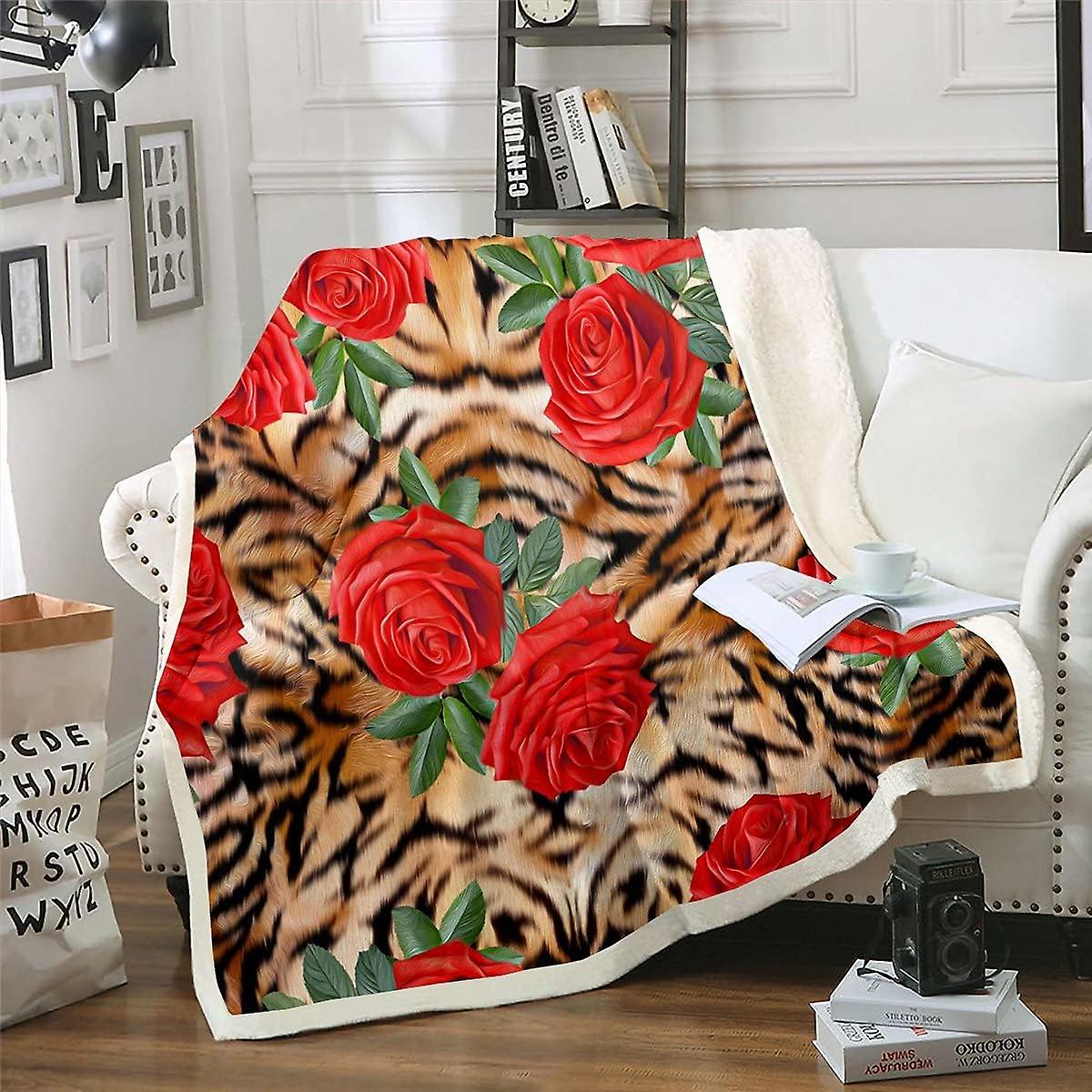 D Rose Fleece Throw Blanket for Bed Sofa Rose Floral Plush Blanket Leopard Cheetahative Sherpa Blanket Romantic Flowers Warm Fuzzy Blanket Double