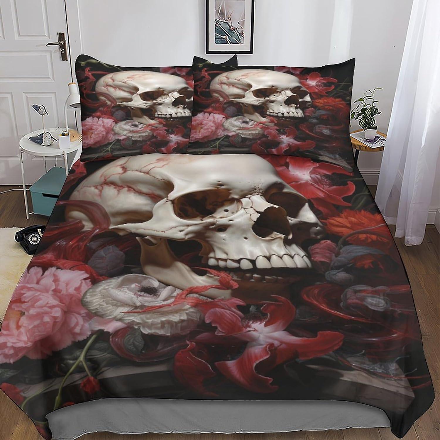 VCLUST Gothic Skull Duvet Cover Set 3D Bedding Set Decorative Microfiber Polyester Creative Skull Comforter Cover with Pillow Shams, Zipper, 3 Piece S