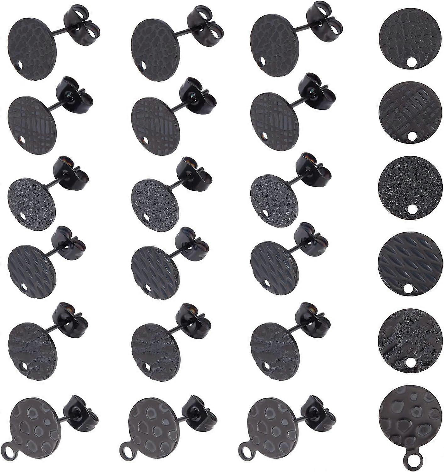 24pcs 6 Styles Electrophoresis Black Stainless Steel Stud Earring Flat Round with Textured Stud Earring with Ear Nuts and Loop for DIY Earrings Craft 