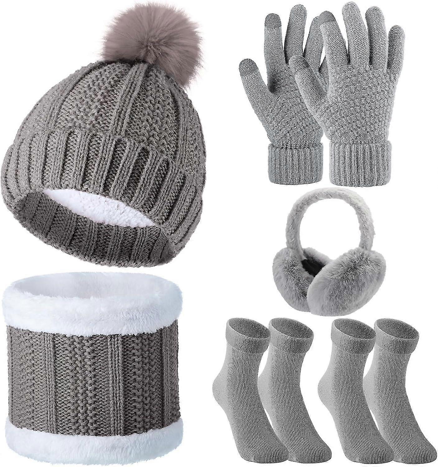 6 Adet Kış Kadınlar Sıcak Set Polar Astarlı Bere Şapka Eşarp Boyun Isıtıcı Dokunmatik Ekran Eldiven Katlanabilir-Yvan