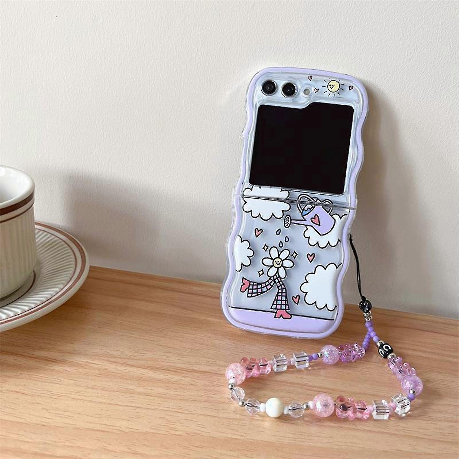 Case For Samsung Galaxy Z Flip 5 With Wrist Strap, Cartoon Flower Silicone Case Galaxy Z Flip 5, Wave Shell Case For Samsung Z Flip 5