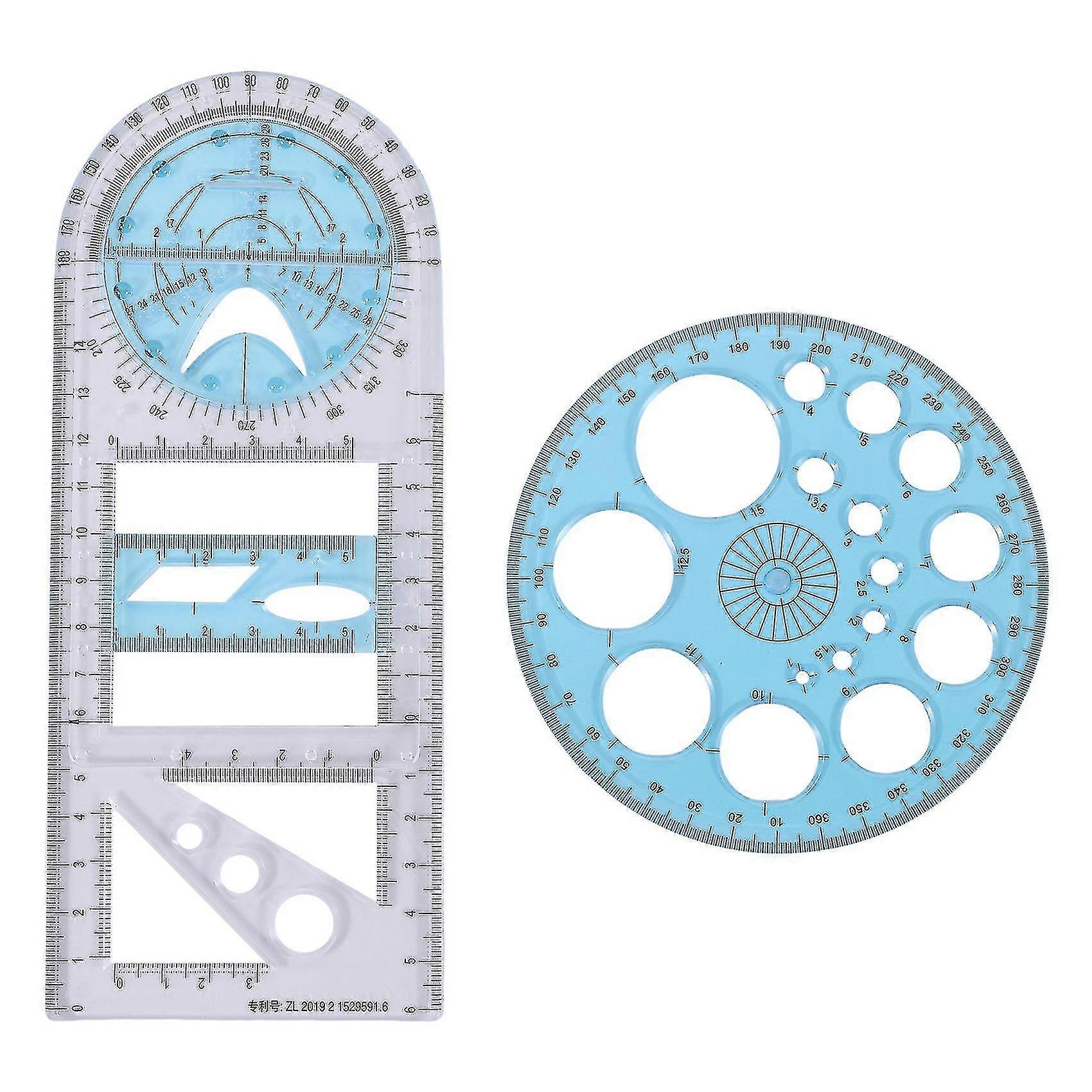 2 Pcs Multifunctional Geometric Ruler Plastic Circle Drawing Tool Drafting Templates Clear Graphic
