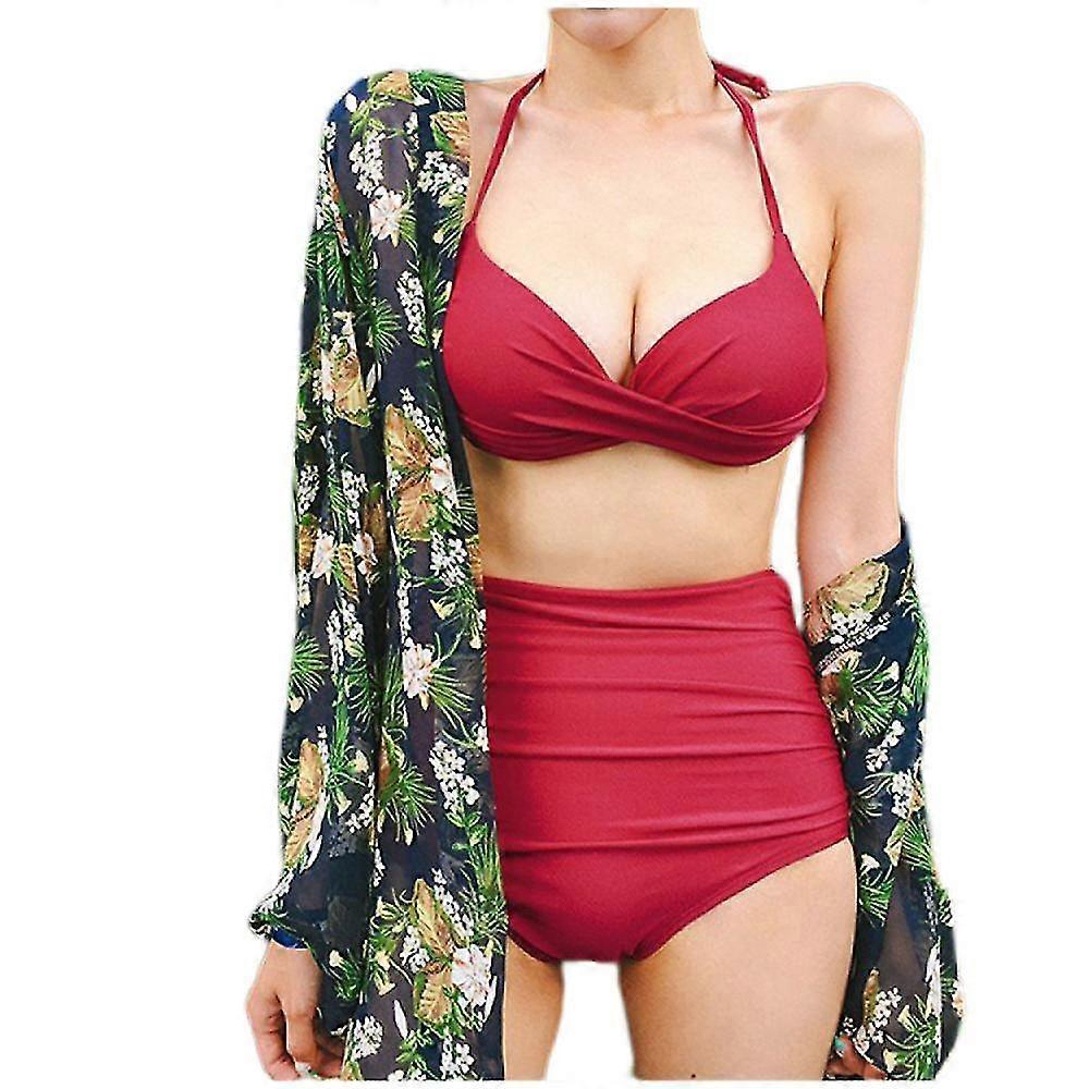 Femmes Deux Pièces Maillot de bain vintage Retro Halter Ruched Taille Haute Bikini avec Bas Bikini Femmes Ensembles Solid Taille Basse Bain