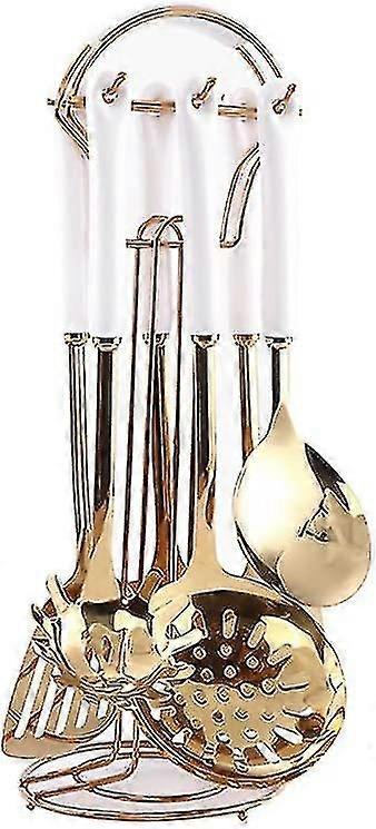 Roestvrij staal keukengerei zeven stuks set (wit goud). kookgerei 7 stuks set met hangende plank .include sleuflepel, gegroefde spatel, groot