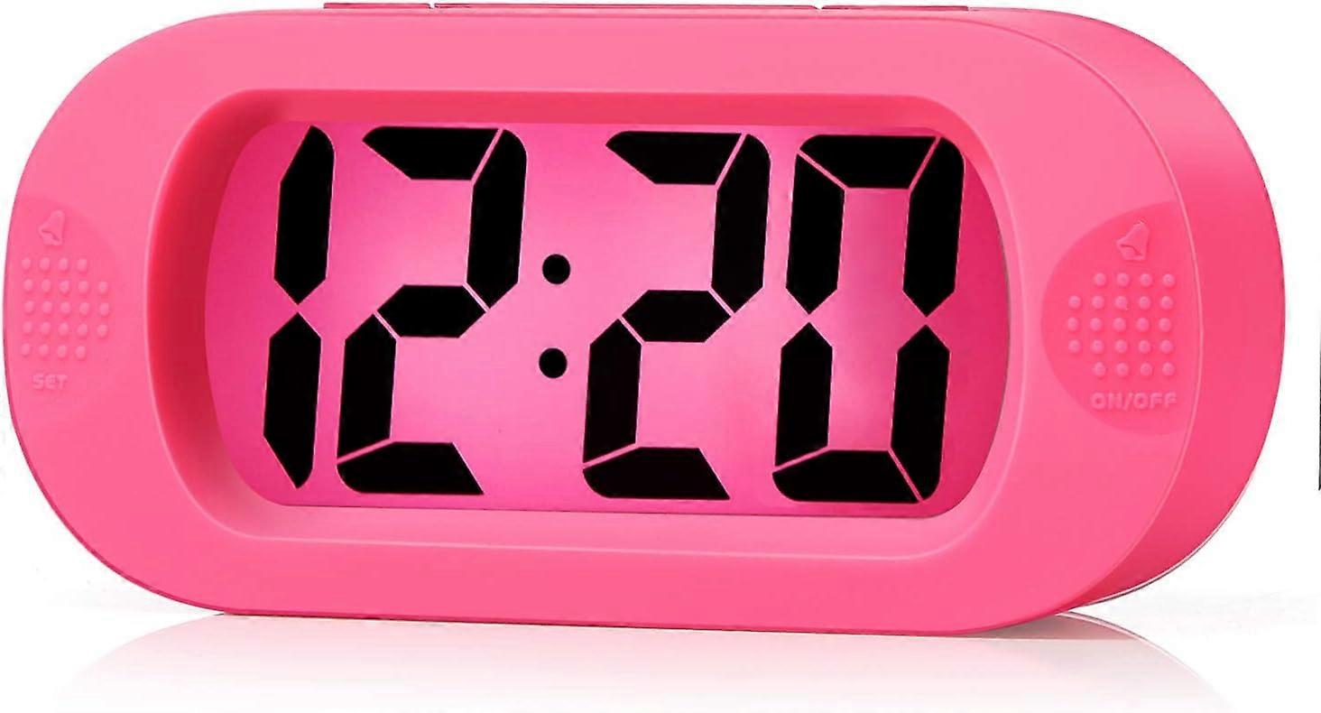 Easy Setting Silicone Protective Cover Digital Silent LCD Large Screen Desk Bedside Alarm Clock with Snooze Light Function Batteries Powered (Pink)