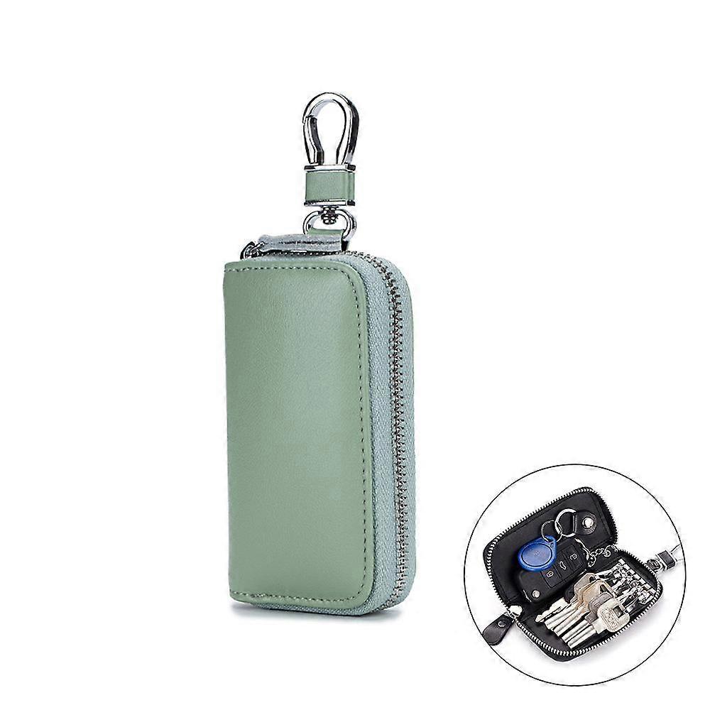 Leather key case double zipper car key case key chain wallet men and women (green)