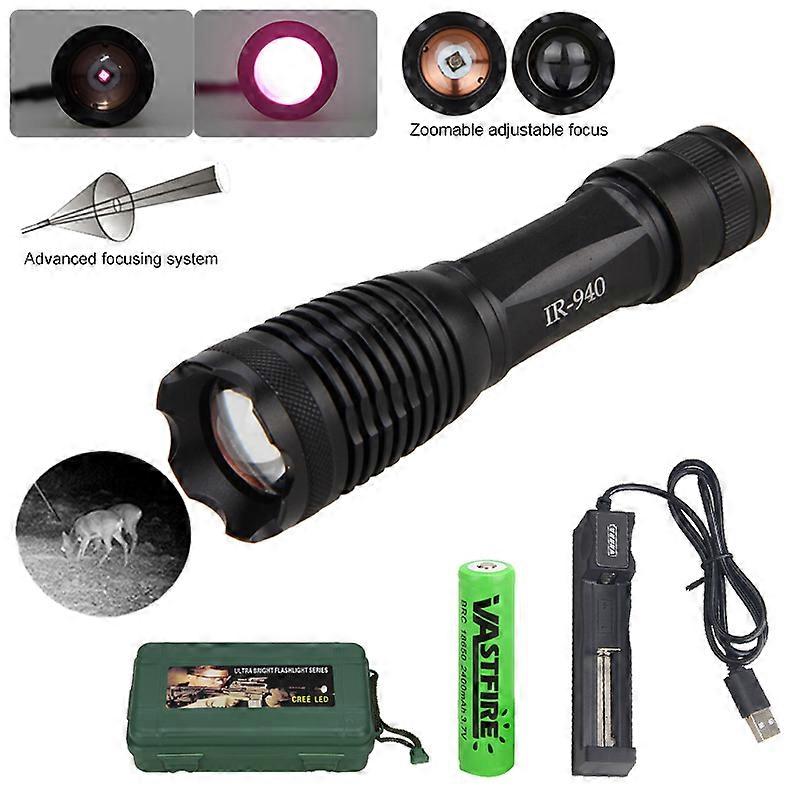 940nm الأشعة تحت الحمراء LED السكك الحديدية الصيد ضوء التكبير العسكرية مصباح يدوي ضوء سلاح الرؤية الليلية + 18650 بطارية + شاحن + بندقية جبل