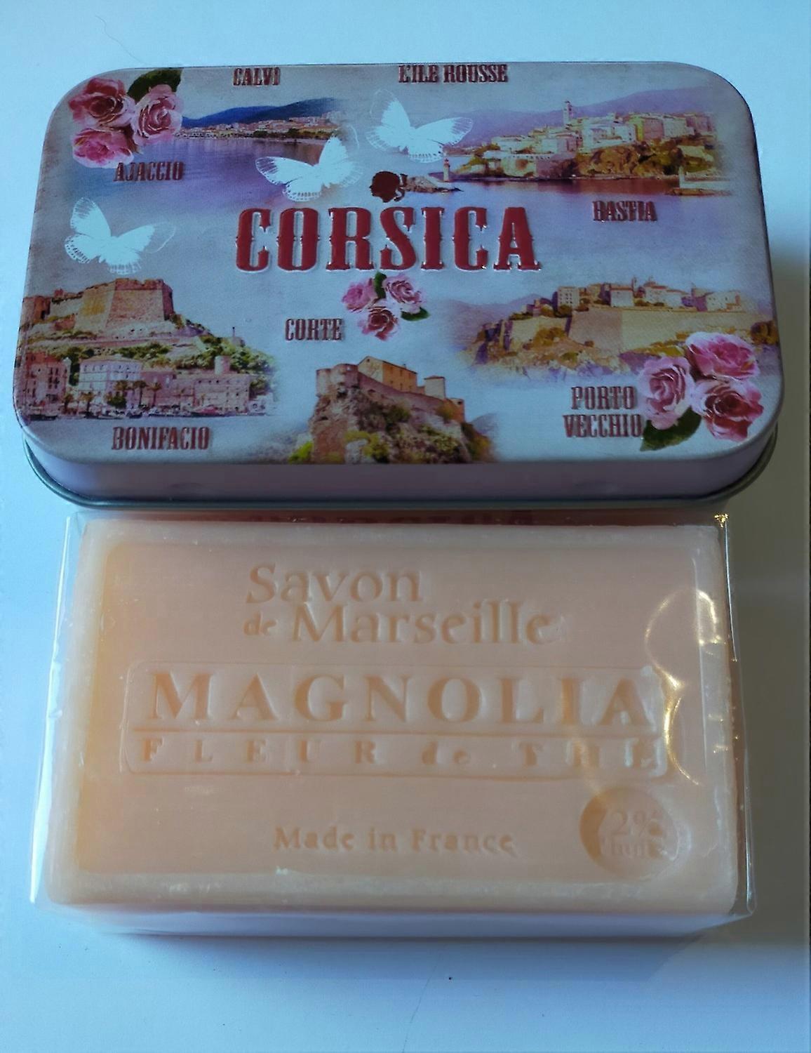 Metal soap tin with print Corsica with Marseille soap Magnolia 100 grams