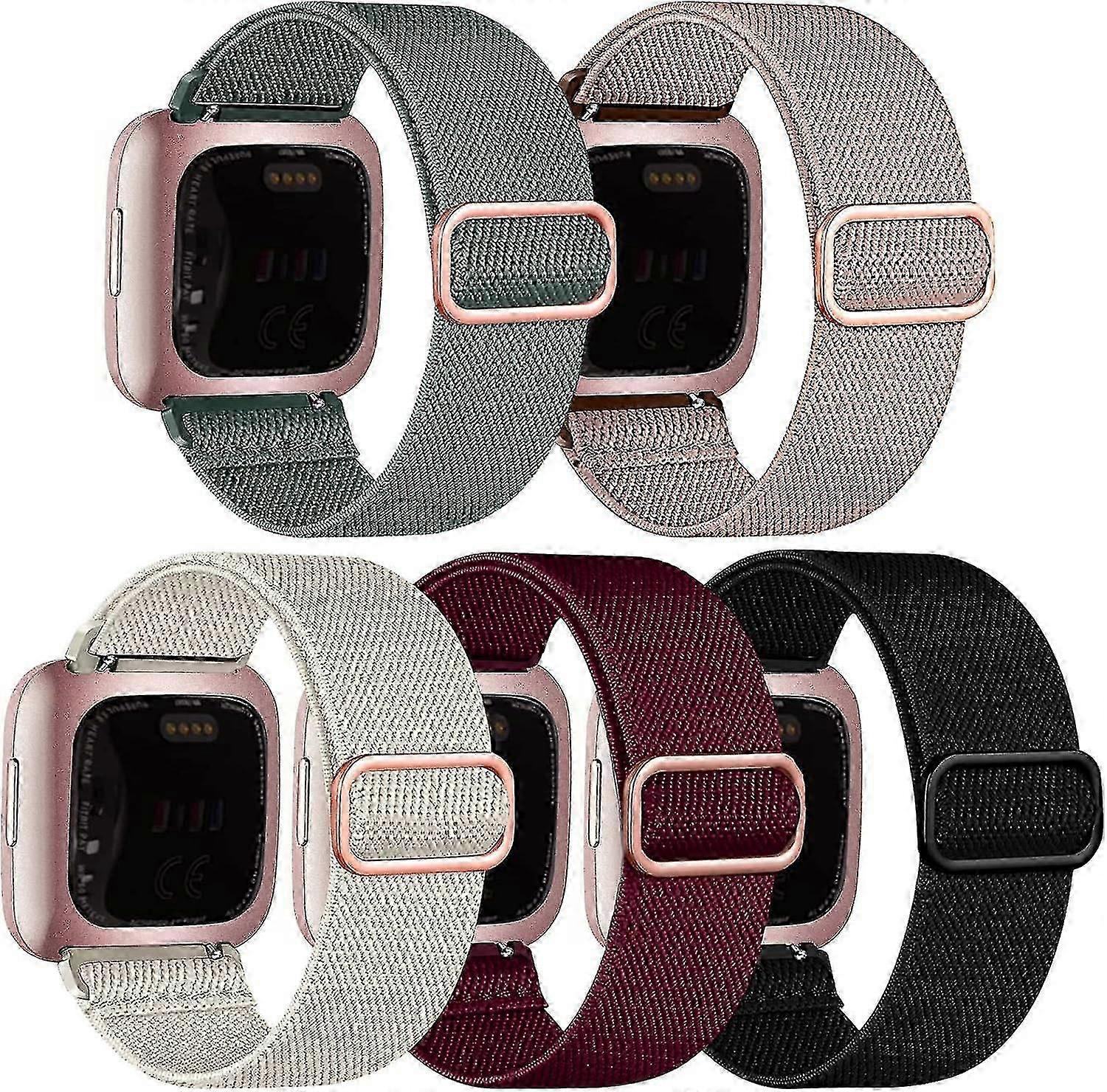 5 Pack Straps For Fitbit Versa 2/se: Adjustable Stretch Nylon Bands