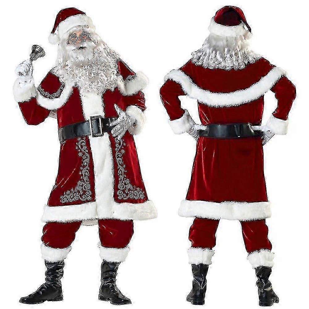 サンタクローススーツ大人クリスマスコスプレコスチュームレッドデラックスベルベットファンシー8pcs V