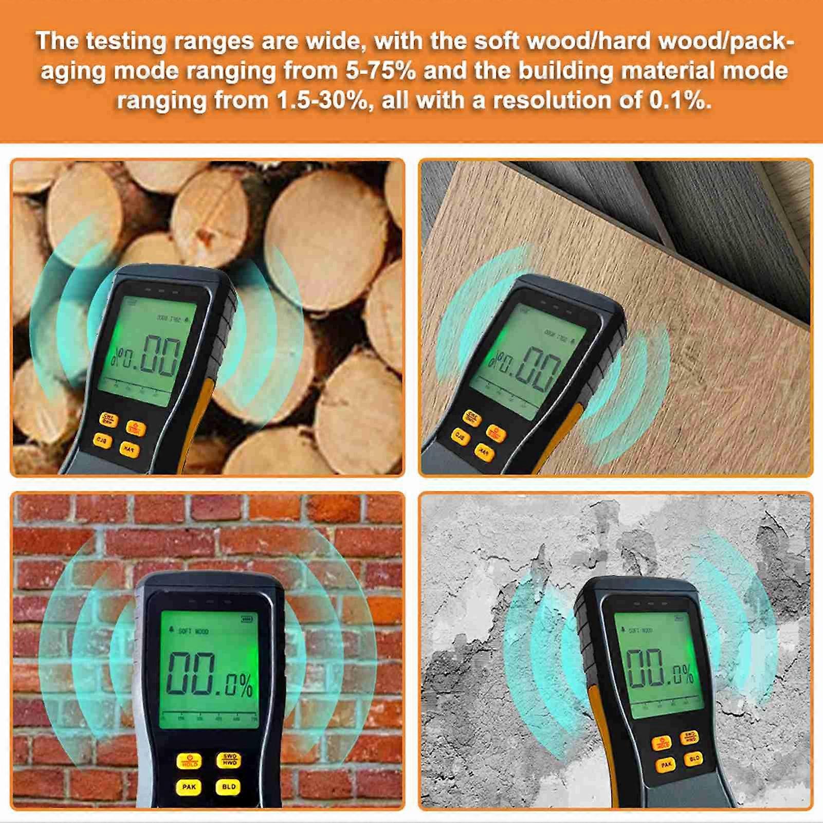 Wood Moisture Meter High Accuracy LCD Display Non Destructive Moisture Detection Tester for Soft Wood Hard Wood