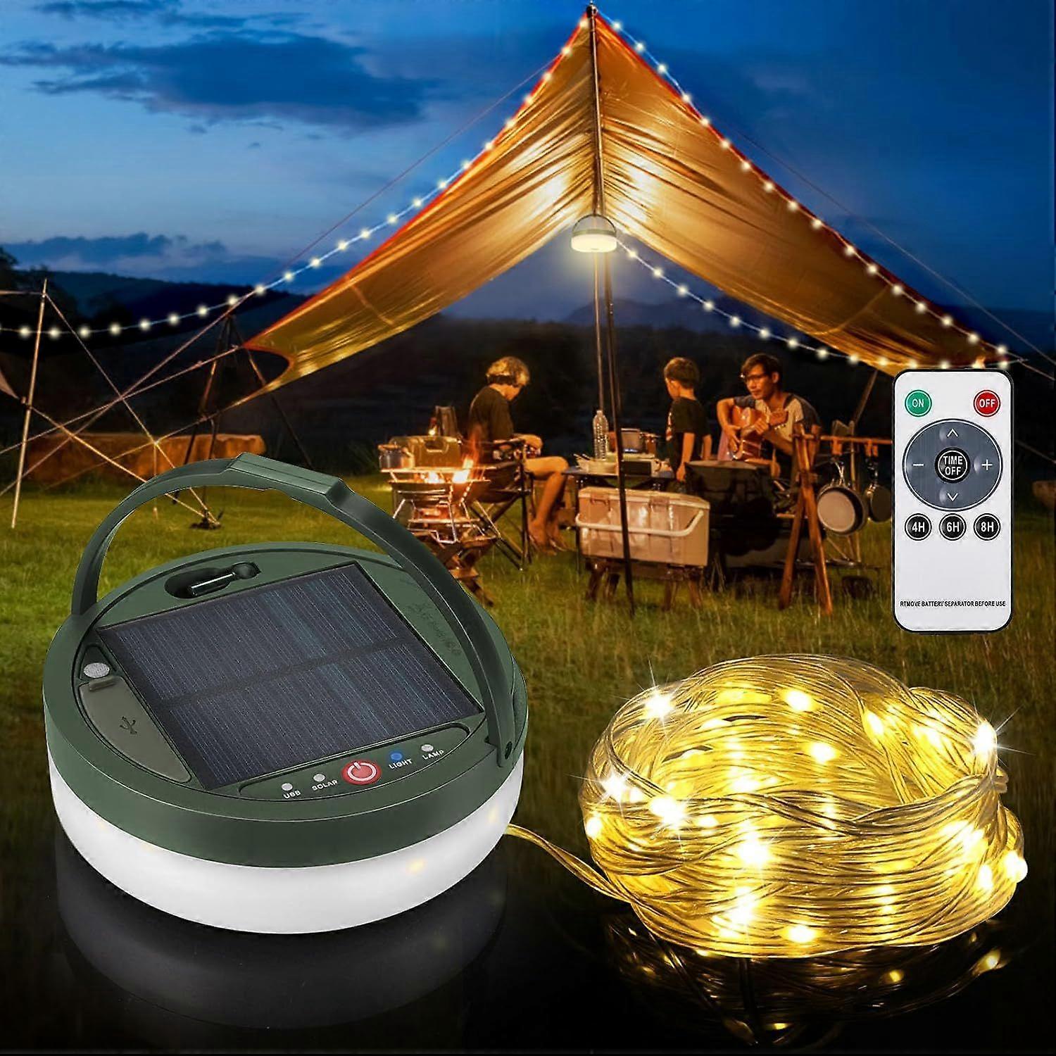 2 in 1 Solar Camping Light String, Extra Long Light String, 120 LEDs, Solar Powered and USB Rechargeable Lights with Remote Control, Portable Hiking C