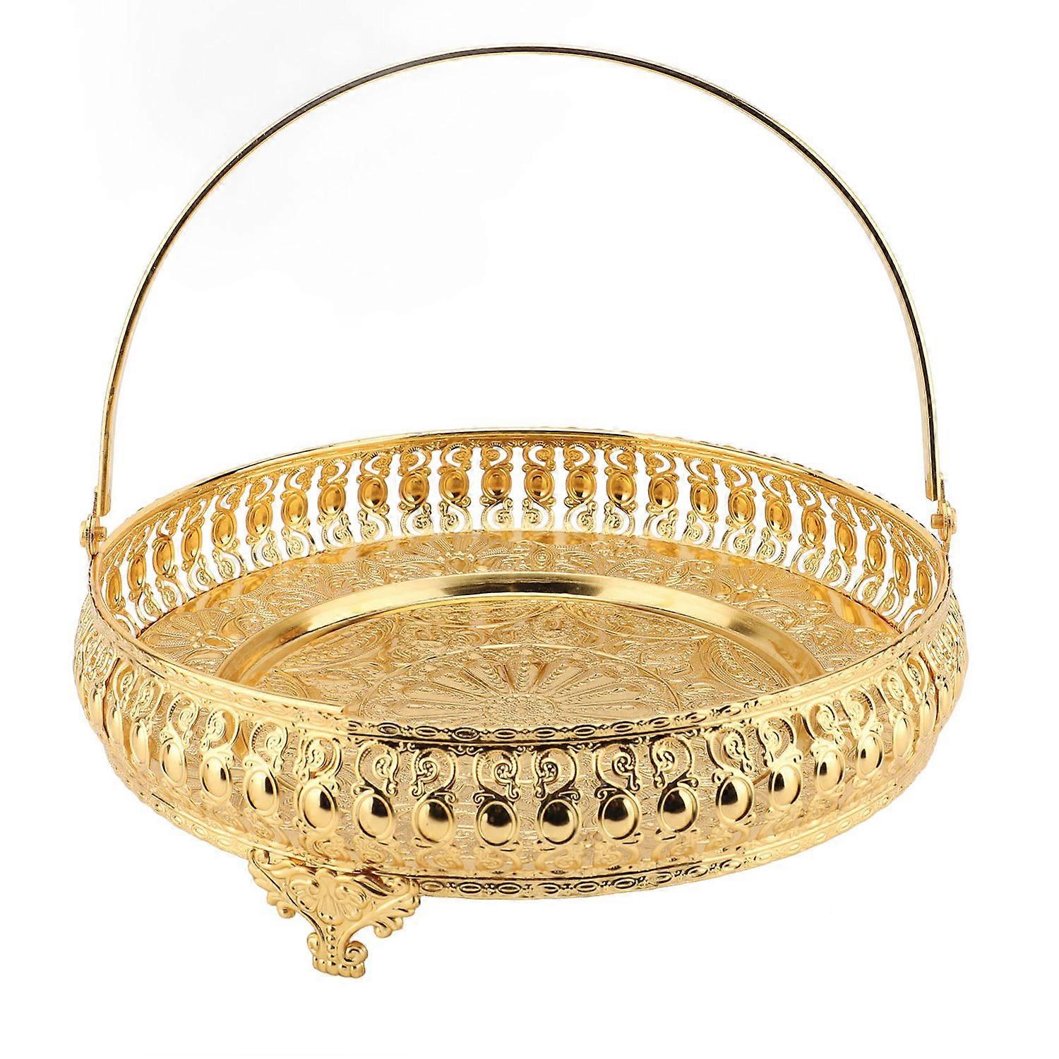 Retro Round Fruit Tray Exquisite Decorative Large Capacity Alloy Dessert Plate with Handle for Party