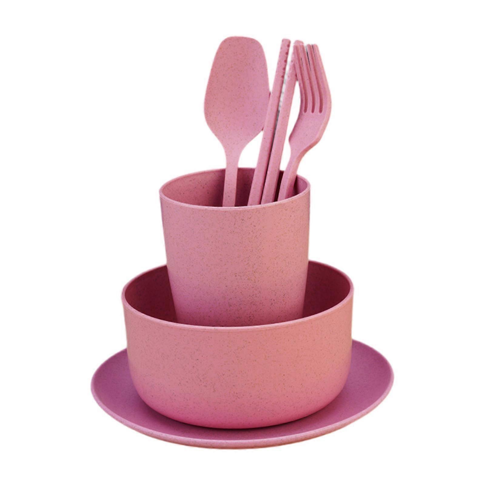 6x Reusable Straw Dinnerware Set Unbreakable Dish Set Plates Spoons Cups