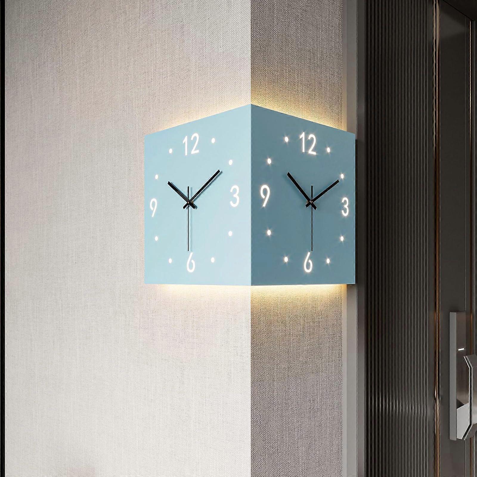 Double Sided Corner Wall Clock, Modern Decorative Art Corner Wall Clock,Silent Square Digital Wall Clock,Blue