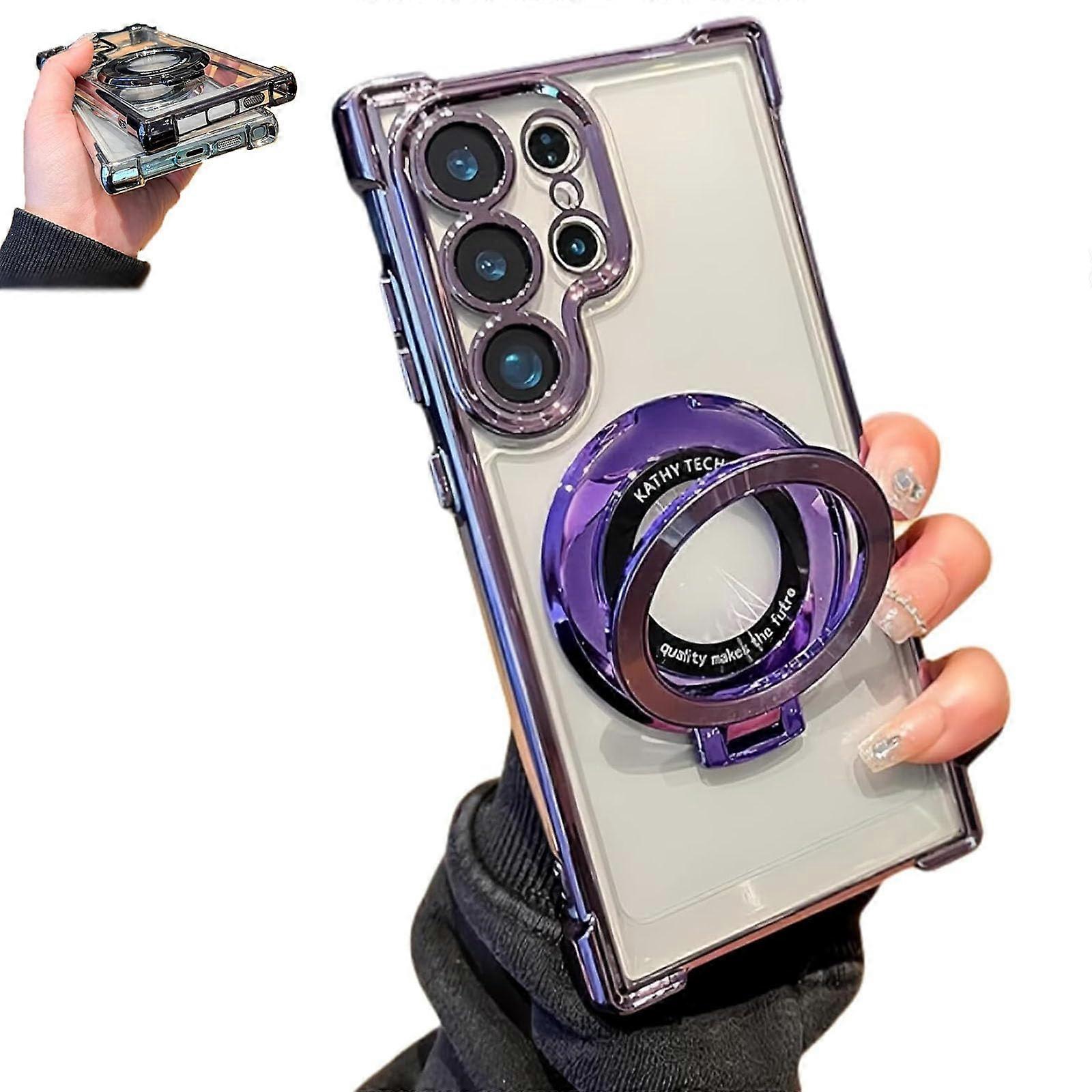Clear Sticky Holder Airbag Anti-Fall Electroplated Magnetic Stand Phone Case for Samsung with Invisible Ring Stand S24Ultra