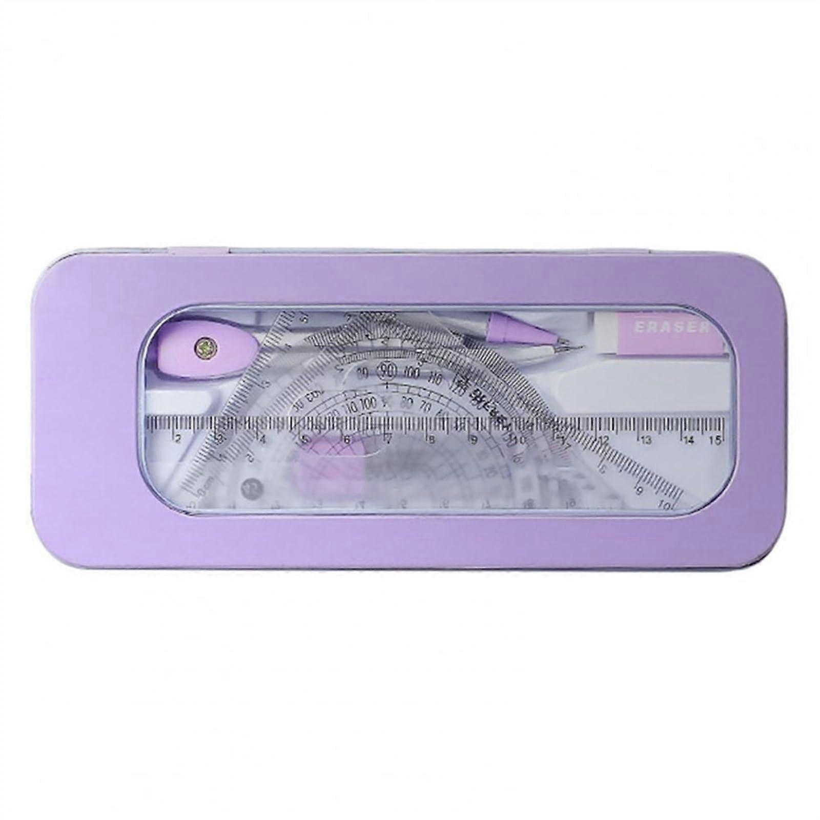 Geometry Kit 7 Pieces Set for Students, Includes Ruler, Protractor, Compass, Eraser, Lead Refills, Purple Color School Supplies