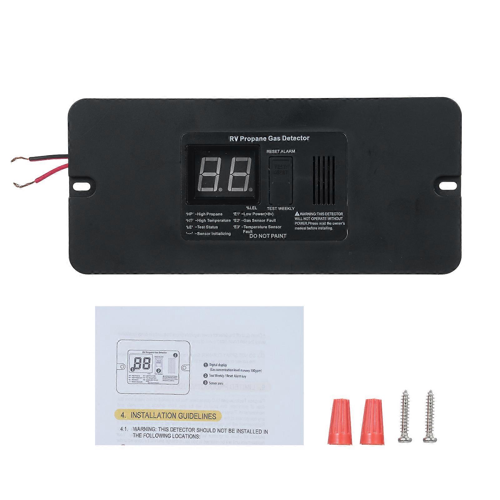 Digital RV Propane Gas Detector with 85dB Loud Alarm DC 12V Gas Leak Sensor for Trailer Motorhome Large Size Black