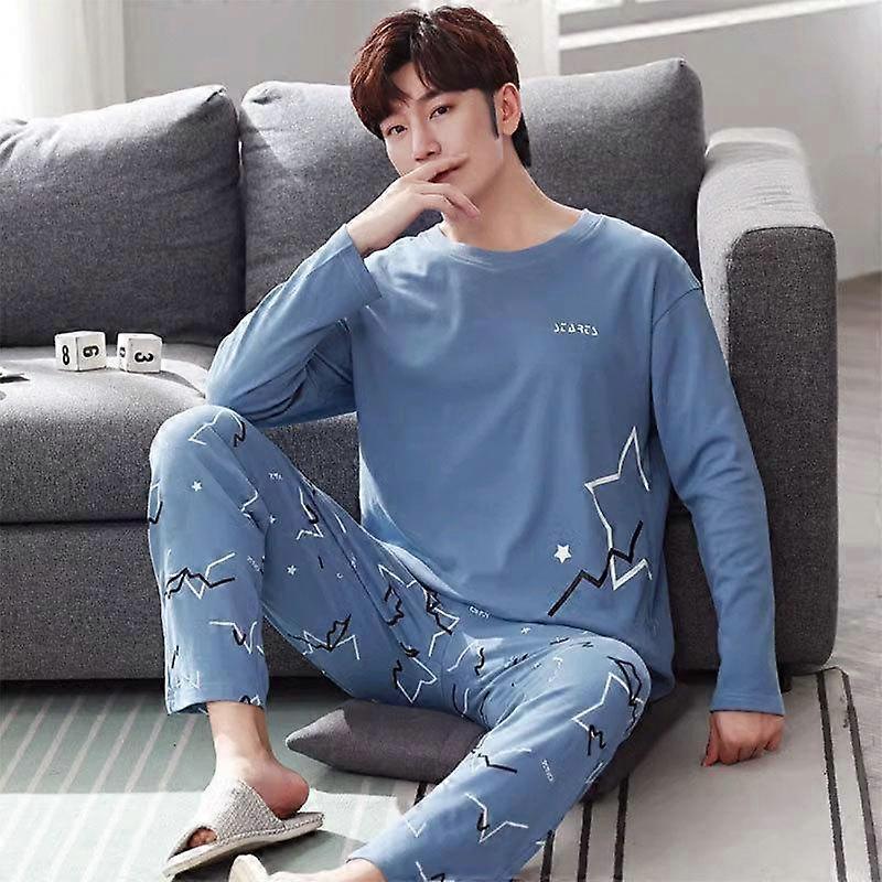 Herren Pyjamas Zweiteilig Herren Frühling Neu Rundhalsausschnitt, langärmelige Hose Erfrischende Pyjamas aus Kunstfaser Homewear Set