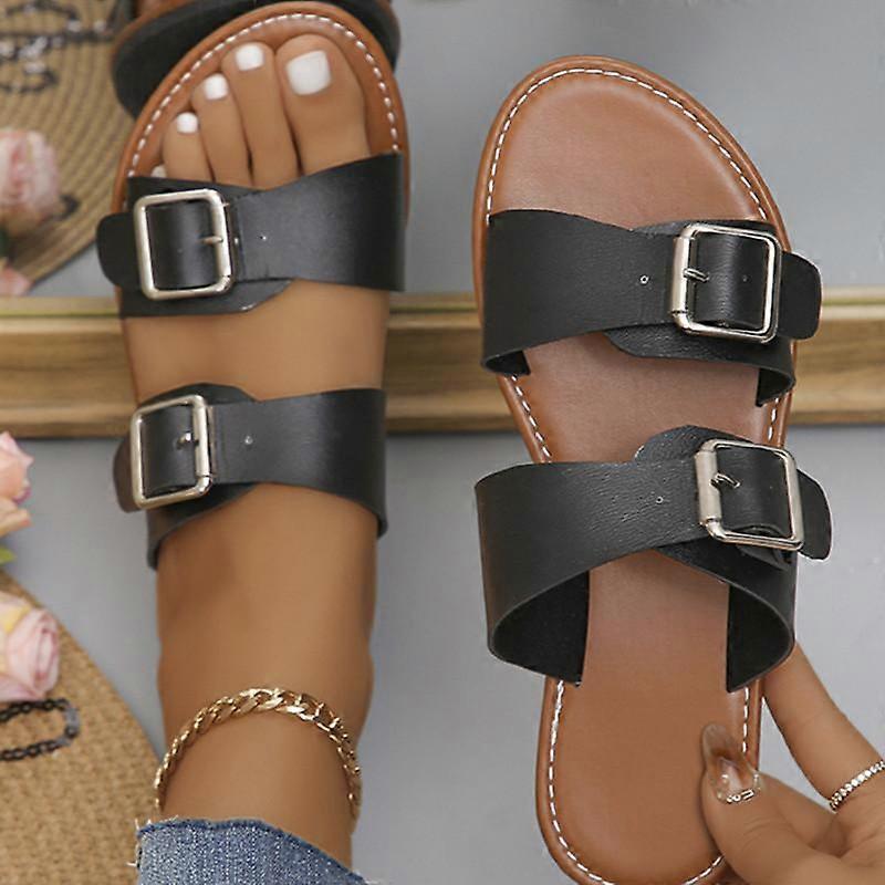 Spring and Summer Footwear Plus Size Buckle Flat-bottomed Slippers Women's Open-toed Beach Slippers