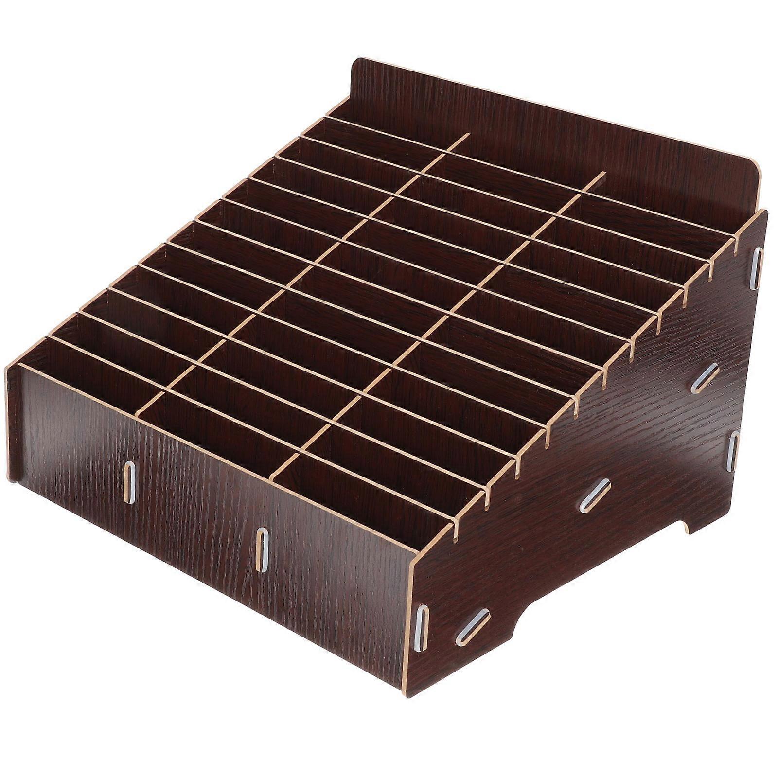 Multi Grid Phone Organizer Storage Box, Walnut Desk Tidy for Classrooms, Offices, Meeting Rooms – Compartment Holder for Mobile Devices and Supplies