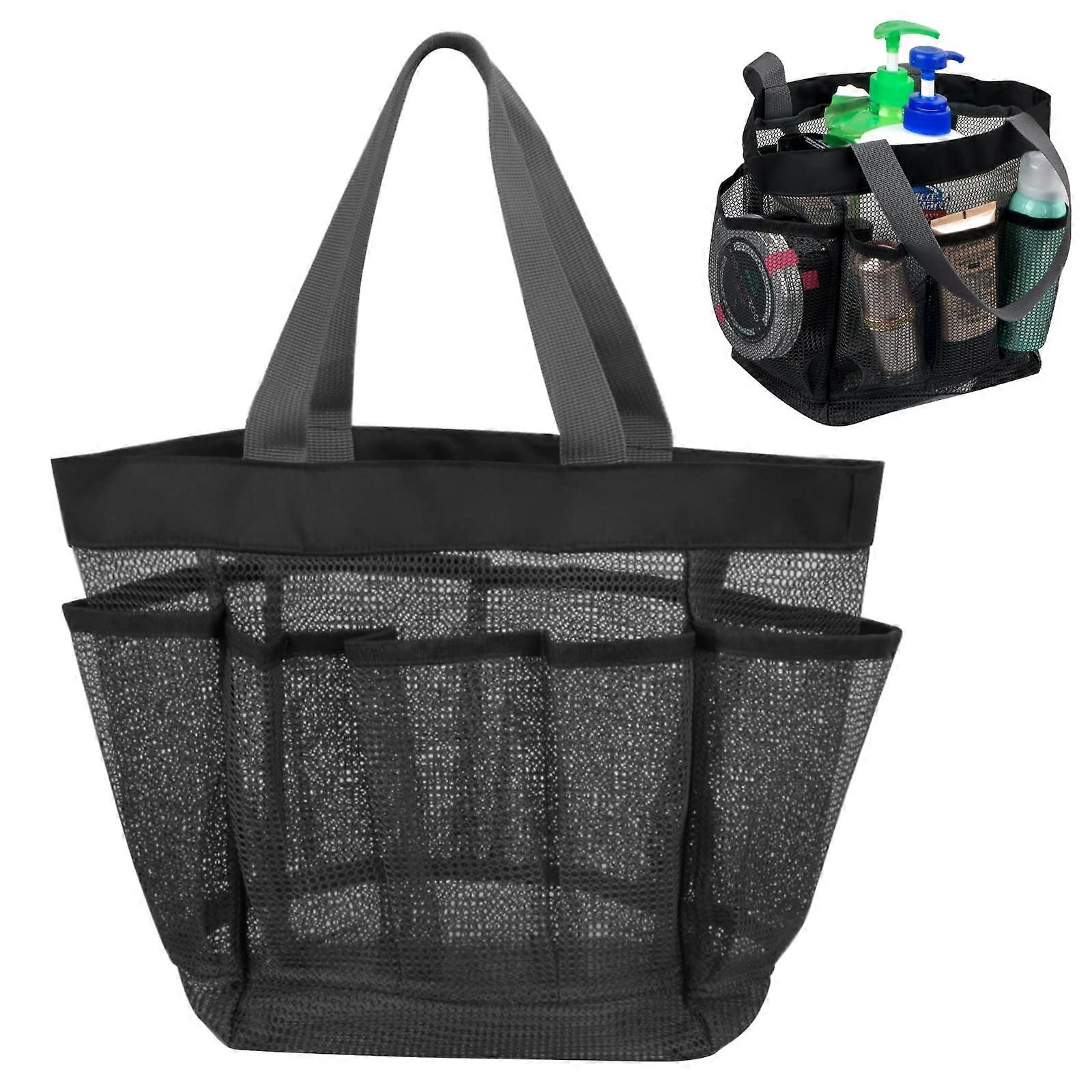 Mesh Shower Basket with 8 Pockets, Carry Handle for Travel, Gym, Black