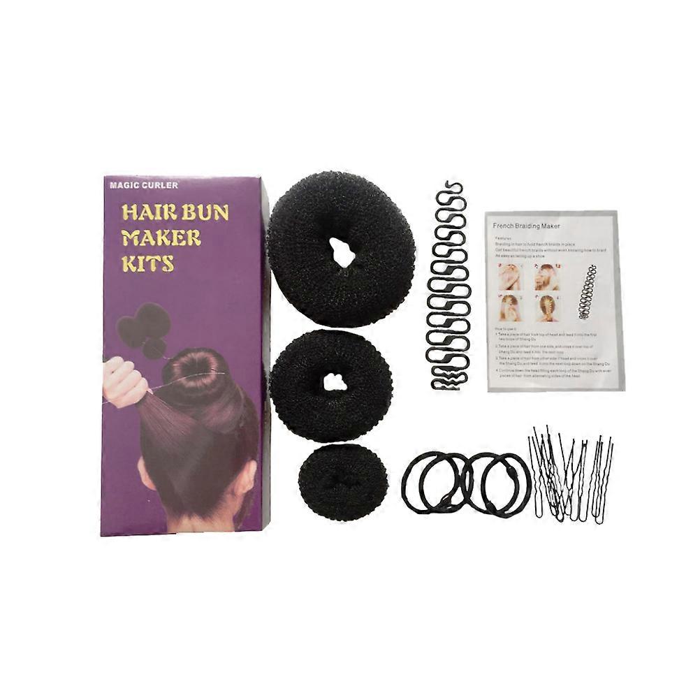 Professional Hair Bun Maker Set with Coils, Fishtail Braider Clip & Bands for Home and Salon Styling – Black
