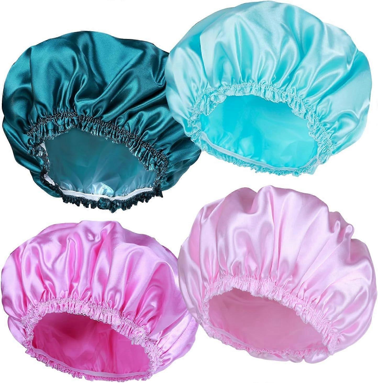 4 Pack Elastic Reusable Shower Caps Double Waterproof Layer, Eco-Friendly - Solid Color