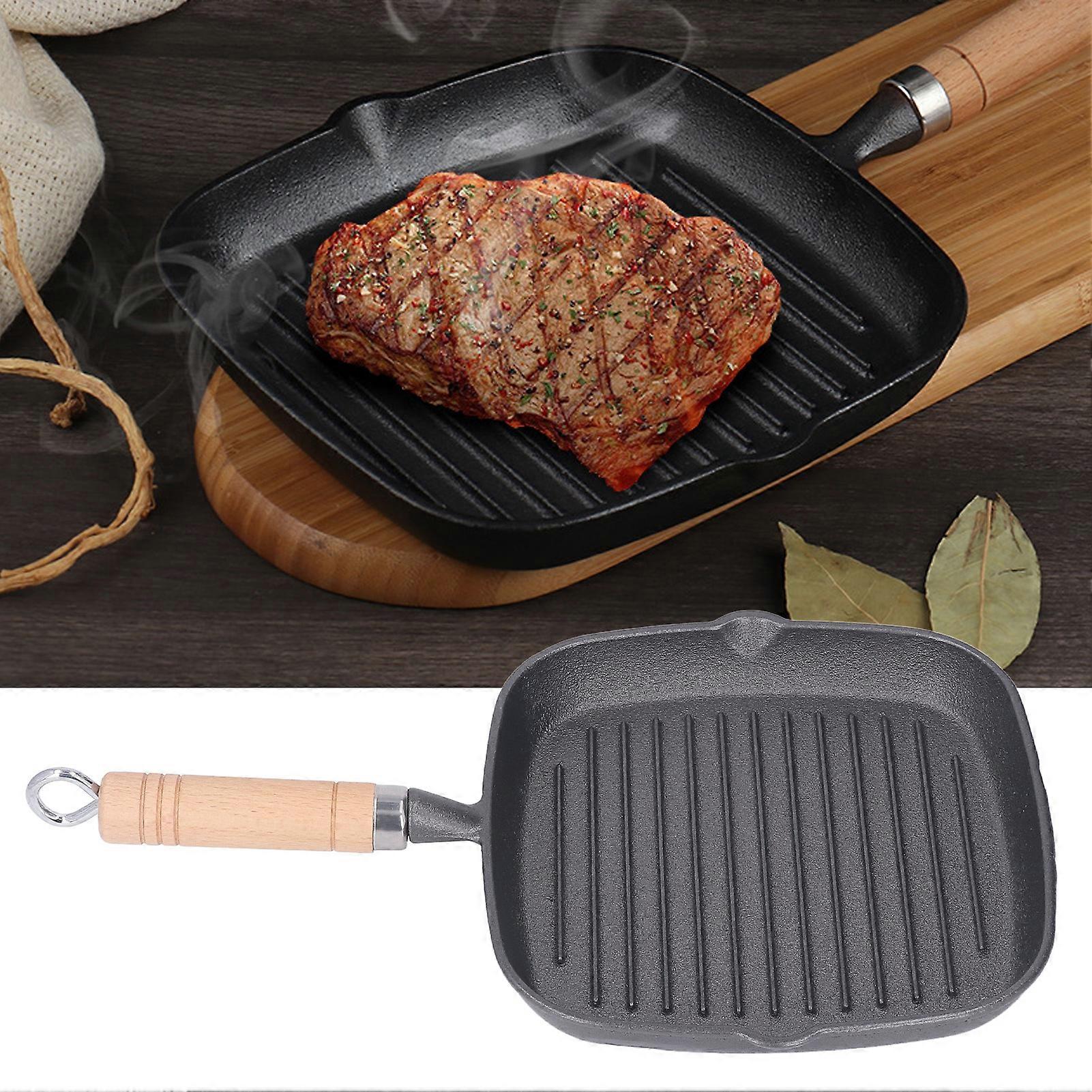 Grill Pan Multipurpose Prevents Stick Quadrate Cast Iron Steak Pan with Wooden Handle for Bacon Steak Onion