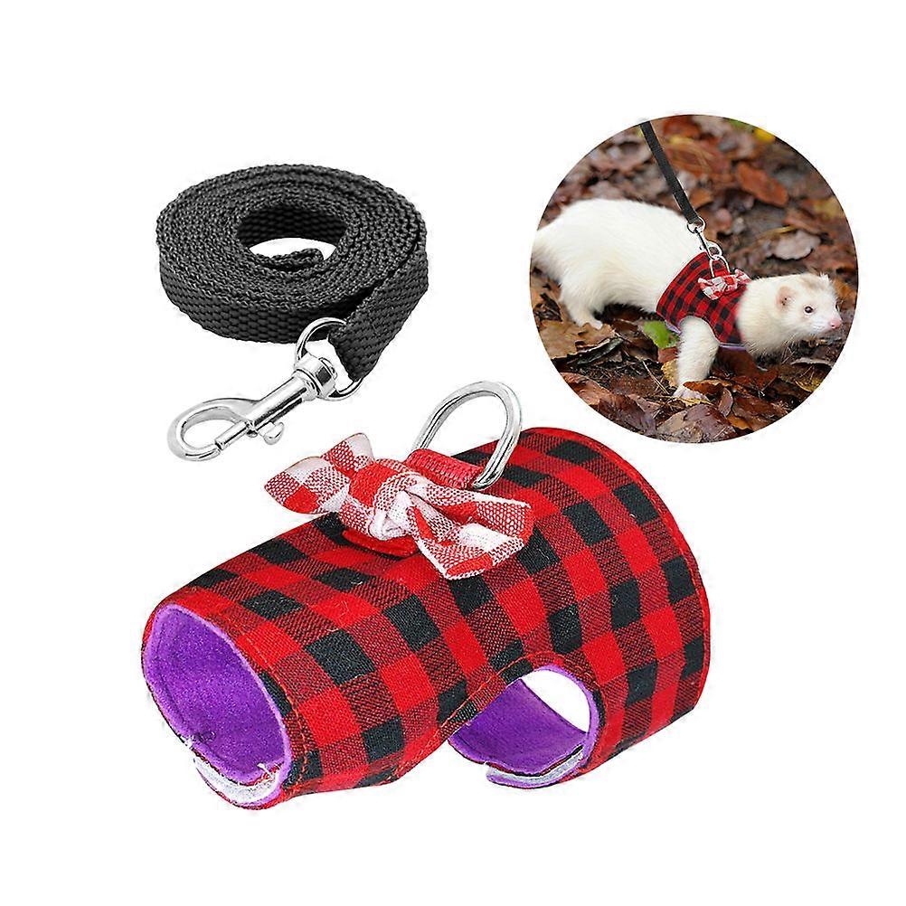 Small Animal Leashes Pet Harness With Leash For Hamster Rabbit Outdoor Walks Red Grids Breathable 1Pcs