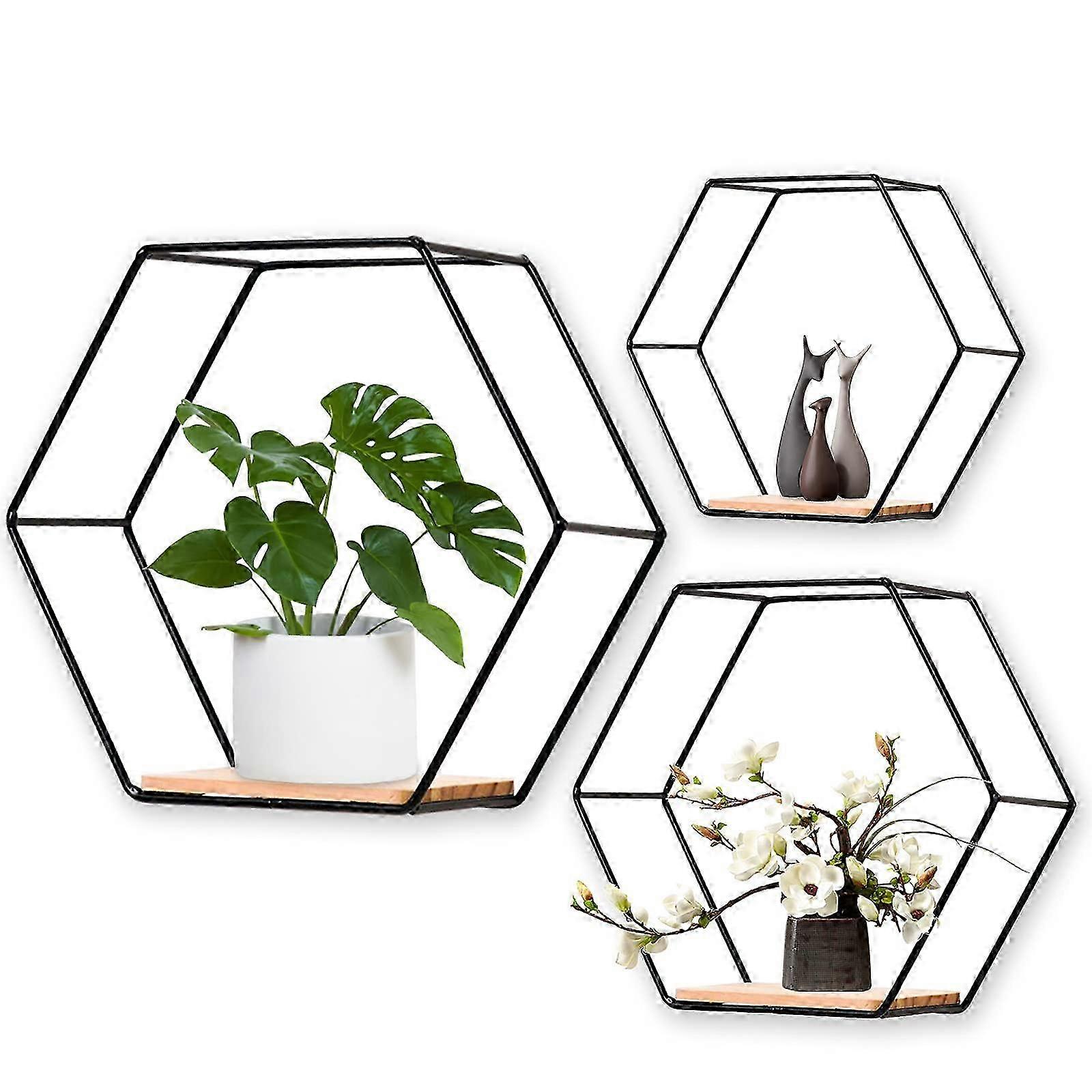 Wall Mounted Hexagonal Floating Shelves Black Set of 3 in Different Sizes, Modern Metal Wall Shelf 2025