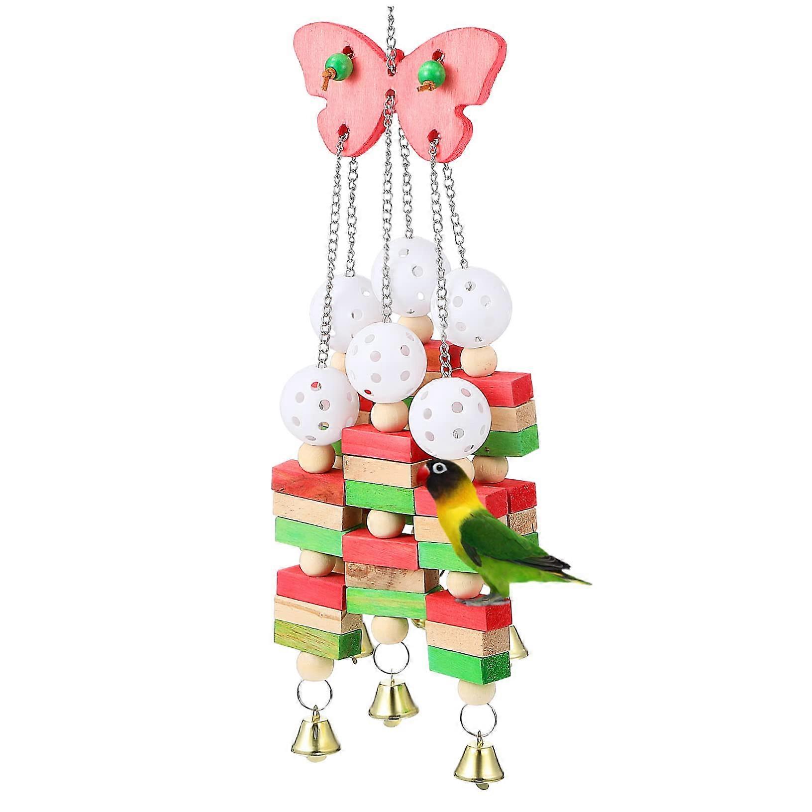 Hanging Bird Chew Toy Colorful Wooden Toy with Bells for Parakeets and Parrots Promotes Chewing and Play Behavior