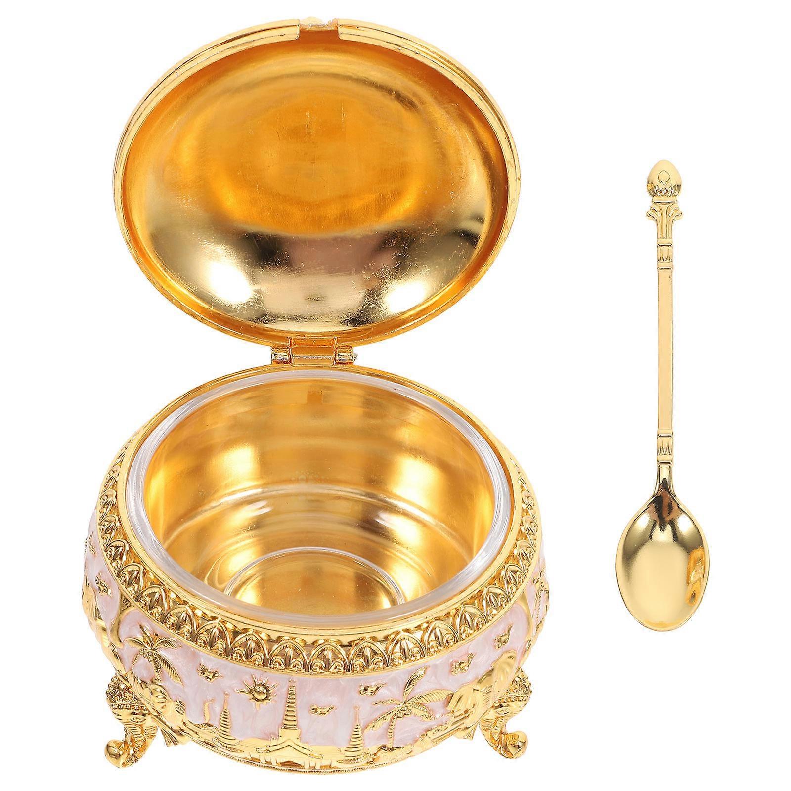 Elegant European Style Zinc Alloy Sugar Jar with Lid Spoon for Kitchen Home Decor Three Dimensional Design 6 x 4.5 inches