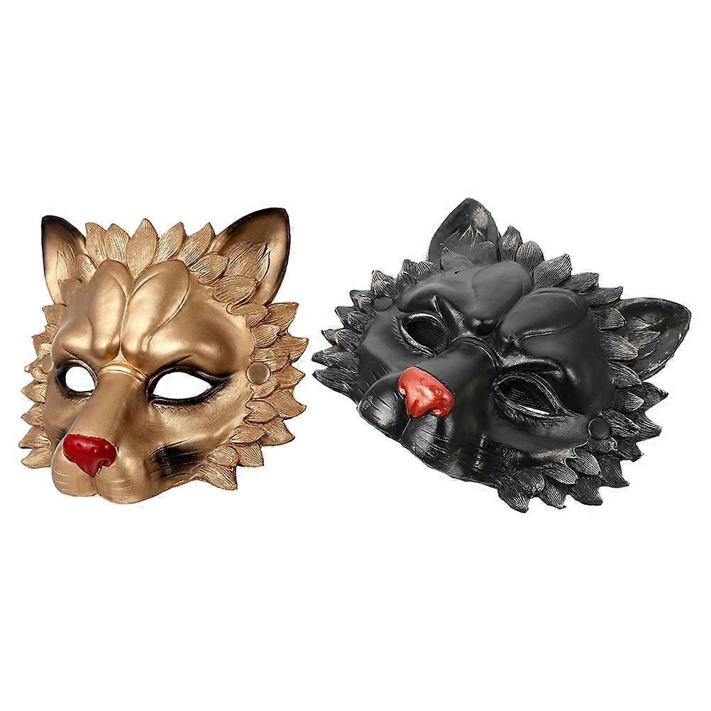 2 Pcs Realistic Lion Masks, PU Foam Animal Half Masks for Halloween Costume Party Supplies, Easy Wear Headpiece for Adults, Gold and Black Design