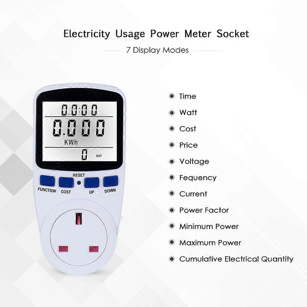 LCD Display Electricity Usage Power Meter Socket Energy Watt Volt Amps Wattage KWH Consumption Analyzer Monitor Outlet--with Backlight AC230V~250V